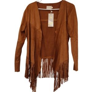 Neslay Design Womens Faux Suede Fringe Cardigan Jacket Brown Open Front Size M/L